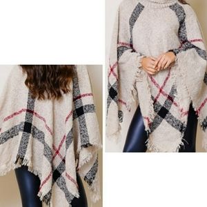 Turtleneck Poncho Shawl Wrap Cape with Fringe Trim One Size